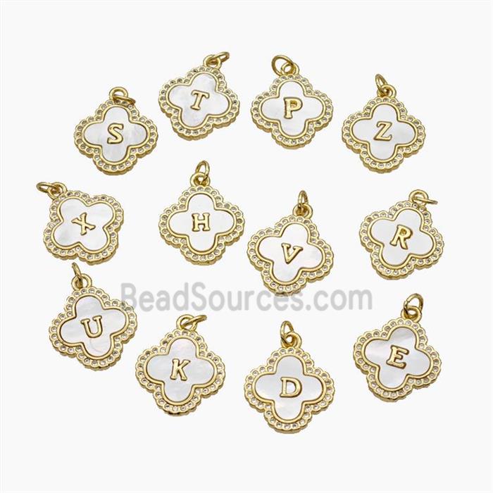 Copper Clover Letter Pendant Pave Shell Zirconia Alphabet 18K Gold Plated Mixed