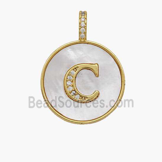 Copper Letter-C Pendant Pave Shell Zirconia Circle 18K Gold Plated