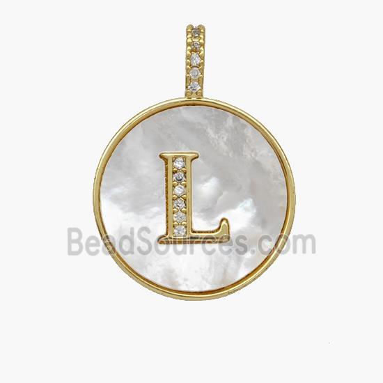 Copper Letter-L Pendant Pave Shell Zirconia Circle 18K Gold Plated