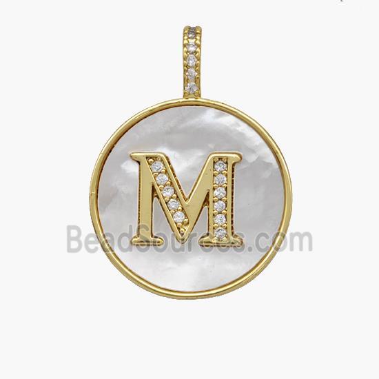 Copper Letter-M Pendant Pave Shell Zirconia Circle 18K Gold Plated