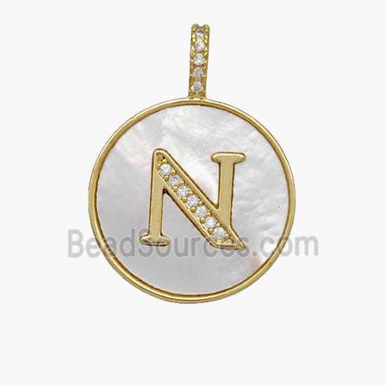 Copper Letter-N Pendant Pave Shell Zirconia Circle 18K Gold Plated