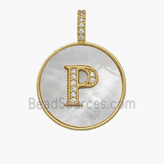 Copper Letter-P Pendant Pave Shell Zirconia Circle 18K Gold Plated