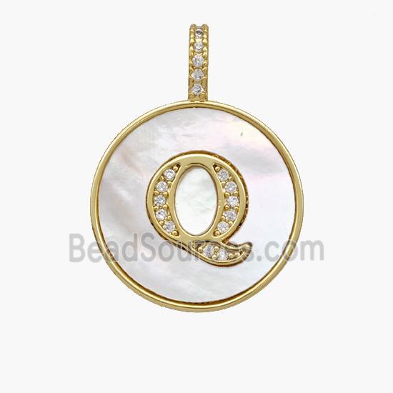 Copper Letter-Q Pendant Pave Shell Zirconia Circle 18K Gold Plated