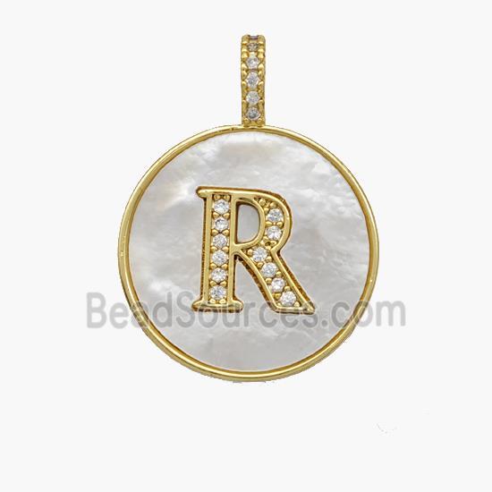 Copper Letter-R Pendant Pave Shell Zirconia Circle 18K Gold Plated