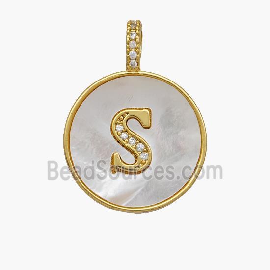 Copper Letter-S Pendant Pave Shell Zirconia Circle 18K Gold Plated