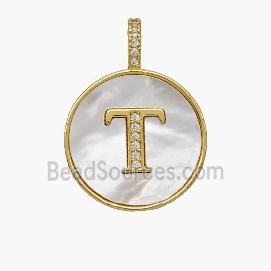 Copper Letter-T Pendant Pave Shell Zirconia Circle 18K Gold Plated
