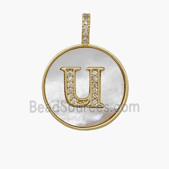 Copper Letter-U Pendant Pave Shell Zirconia Circle 18K Gold Plated