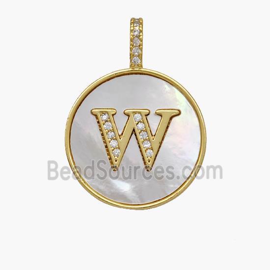 Copper Letter-W Pendant Pave Shell Zirconia Circle 18K Gold Plated