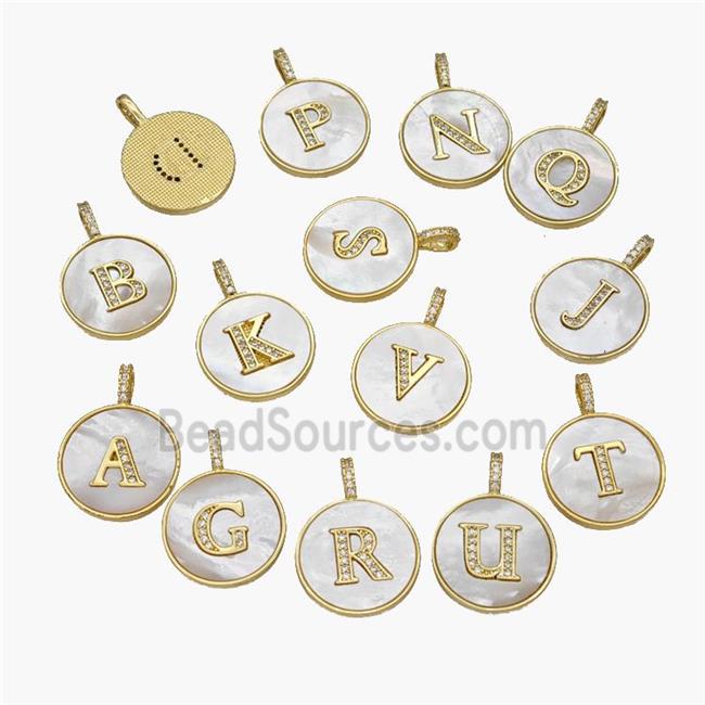 Copper Letter-A Pendant Pave Shell Zirconia Circle Alphabet 18K Gold Plated Mixed