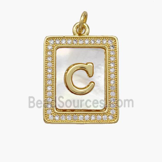 Copper Letter-C Pendant Pave Shell Zirconia Rectangle 18K Gold Plated