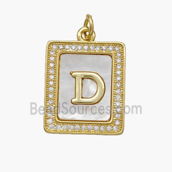 Copper Letter-E Pendant Pave Shell Zirconia Rectangle 18K Gold Plated