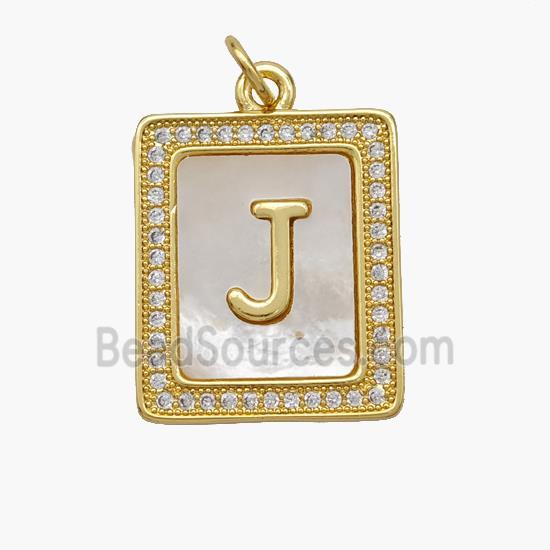 Copper Letter-J Pendant Pave Shell Zirconia Rectangle 18K Gold Plated