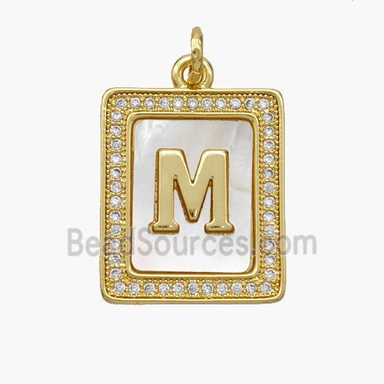 Copper Letter-M Pendant Pave Shell Zirconia Rectangle 18K Gold Plated