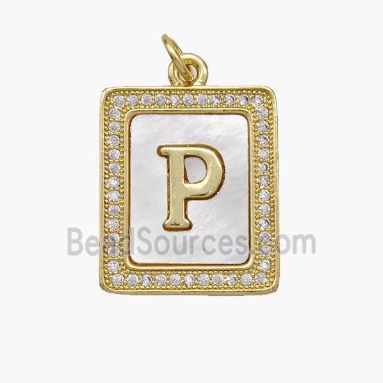 Copper Letter-P Pendant Pave Shell Zirconia Rectangle 18K Gold Plated