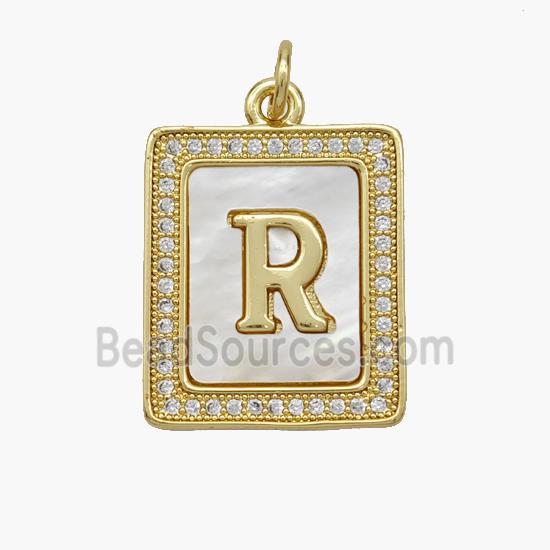 Copper Letter-R Pendant Pave Shell Zirconia Rectangle 18K Gold Plated