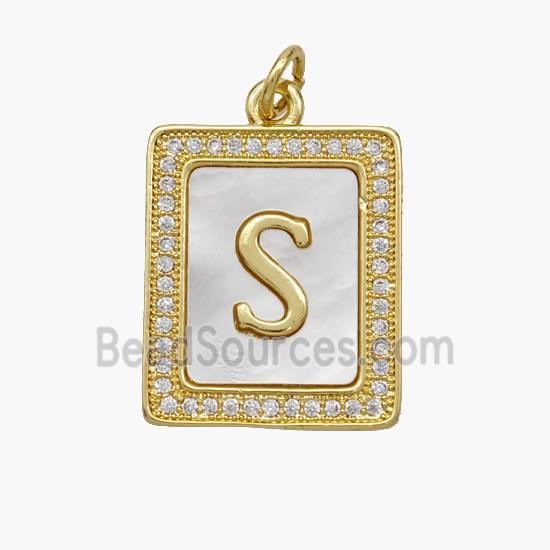 Copper Letter-S Pendant Pave Shell Zirconia Rectangle 18K Gold Plated