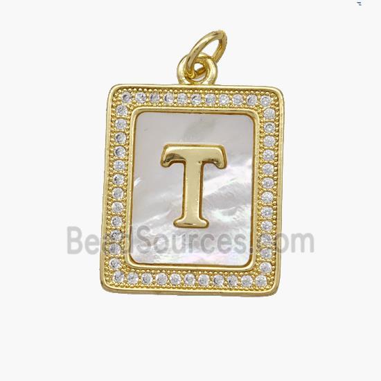 Copper Letter-T Pendant Pave Shell Zirconia Rectangle 18K Gold Plated