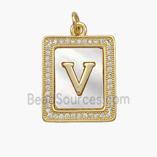 Copper Letter-V Pendant Pave Shell Zirconia Rectangle 18K Gold Plated