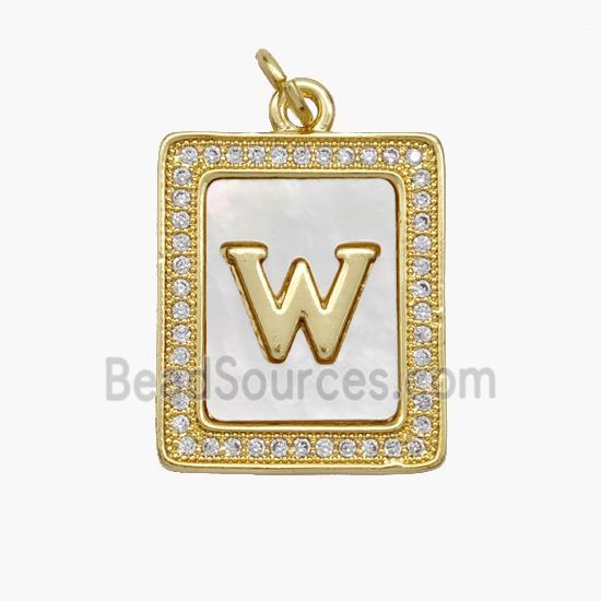 Copper Letter-W Pendant Pave Shell Zirconia Rectangle 18K Gold Plated