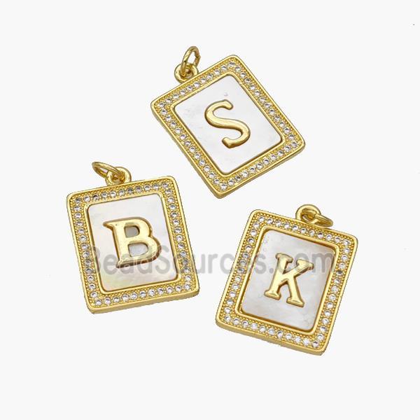 Copper Letters Pendant Pave Shell Zirconia Rectangle Alphabet 18K Gold Plated Mixed