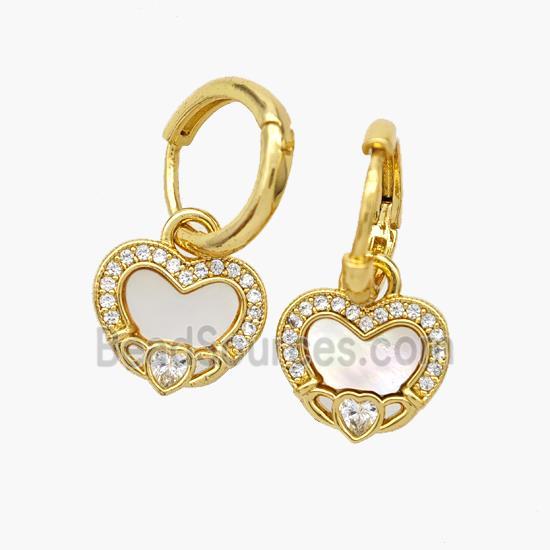 Copper Heart Hoop Earrings Pave Shell Zirconia 18K Gold Plated