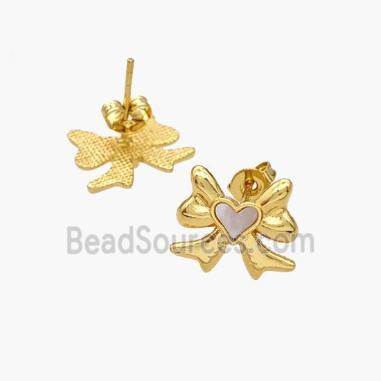 Copper Bowknot Stud Earrings Pave Shell Heart 18K Gold Plated