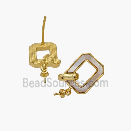 Copper Rectangle Stud Earrings Pave Shell 18K Gold Plated