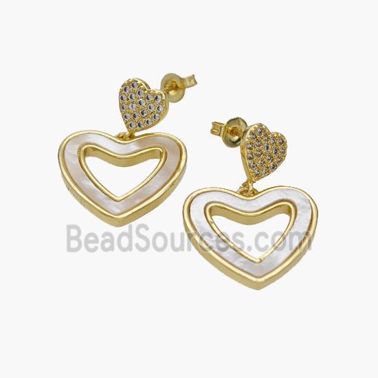 Copper Heart Stud Earrings Pave Shell Zirconia 18K Gold Plated