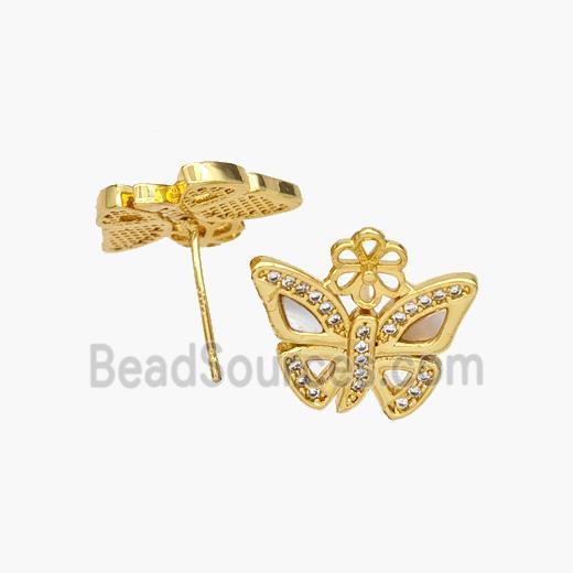 Copper Butterfly Stud Earrings Pave Shell Zirconia 18K Gold Plated