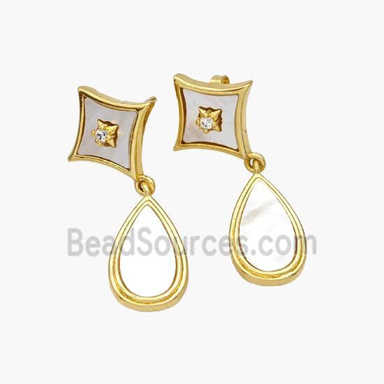 Copper Star Stud Earrings Pave Shell Teardrop 18K Gold Plated