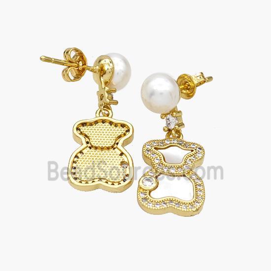 Copper Bear Stud Earrings Pave Pearlized Resin Shell 18K Gold Plated