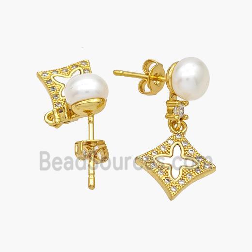 Copper Cross Stud Earrings Pave Pearlized Resin Shell 18K Gold Plated
