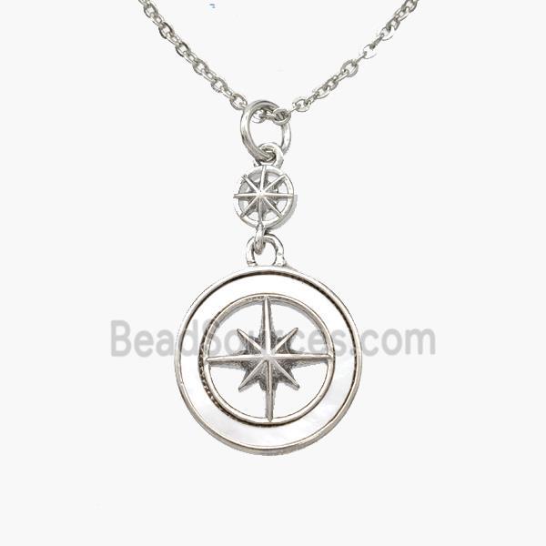 Copper Compass Necklace Pave Shell Platinum Plated