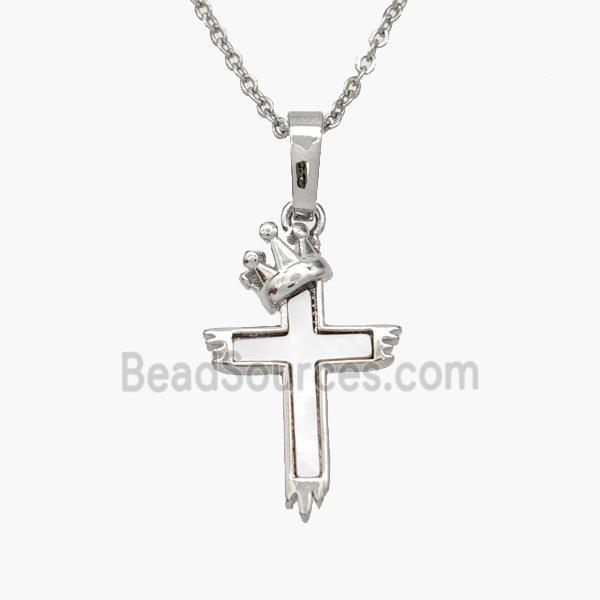 Copper Cross Necklace Pave Shell Crown Platinum Plated
