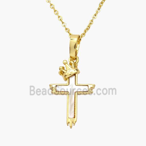 Copper Cross Necklace Pave Shell Crown Gold Plated