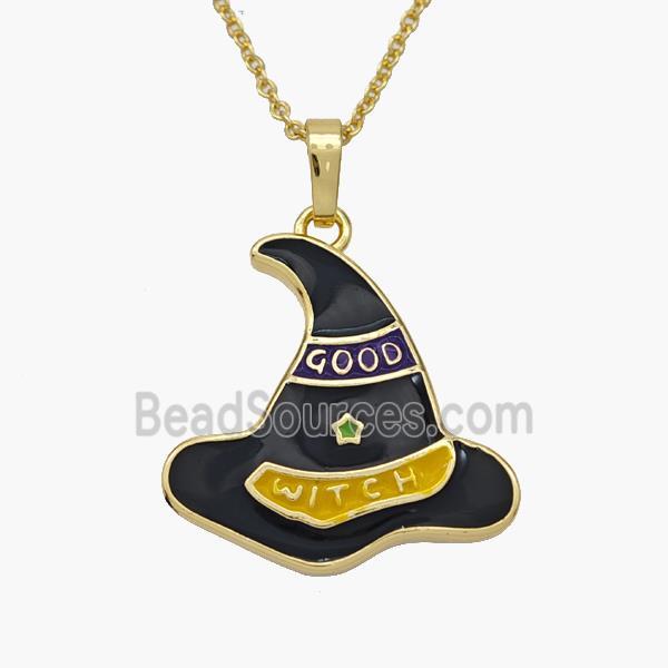 Halloween Witch Hat Charms Copper Necklace Black Enamel Gold Plated