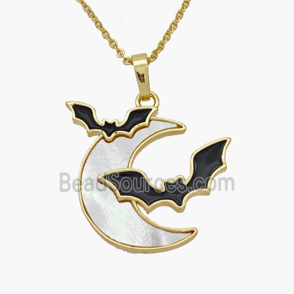 Halloween Bat Charms Copper Moon Necklace Pave Shell Enamel Gold Plated