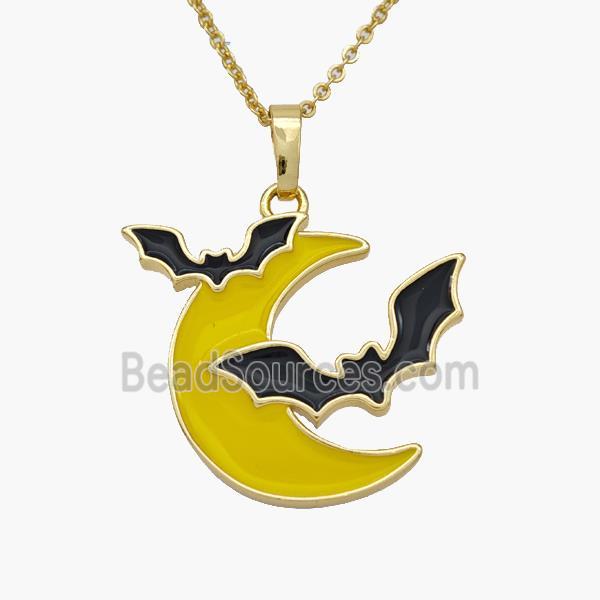 Halloween Bat Charms Copper Moon Necklace Yellow Enamel Gold Plated