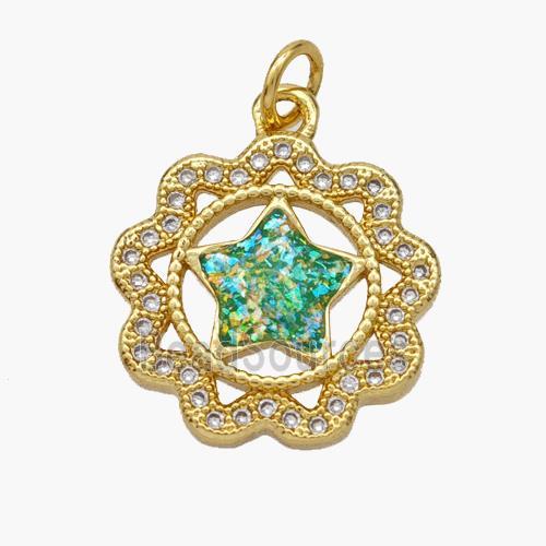 Copper Star Pendant Pave Fire Opal Zirconia Flower 18K Gold Plated