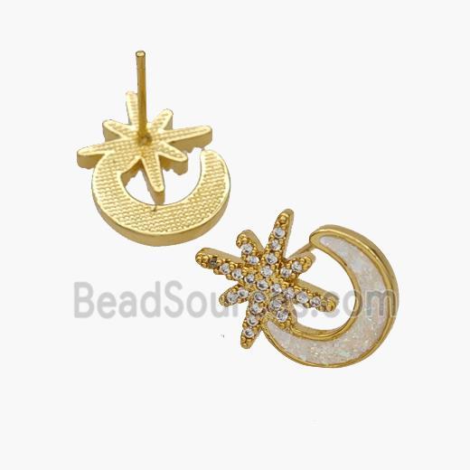 Copper Moon Star Stud Earrings Pave Fire Opal Zirconia 18K Gold Plated