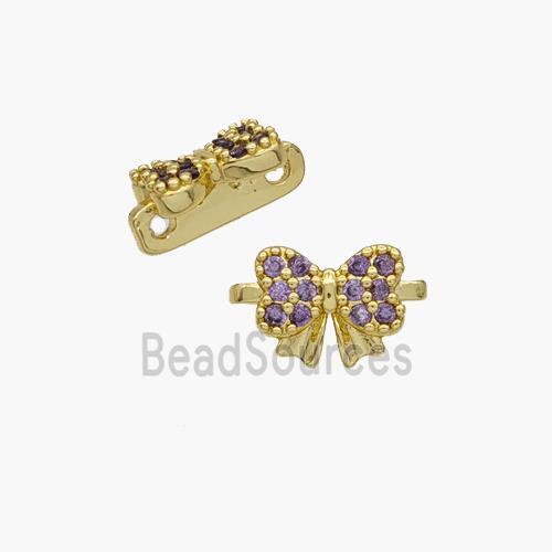 Copper Bowknot Spacer Connector Pave Zirconia 2holes Gold Plated