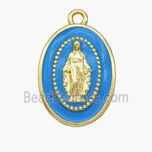Copper Jesus Pendant Blue Enamel Oval Gold Plated