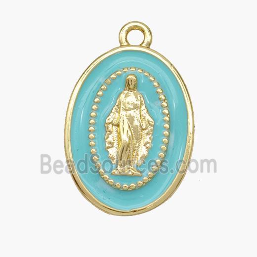 Copper Jesus Pendant Teal Enamel Oval Gold Plated