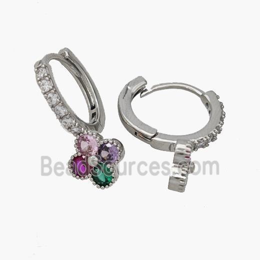 Copper Clover Hoop Earrings Pave Zirconia Platinum Plated