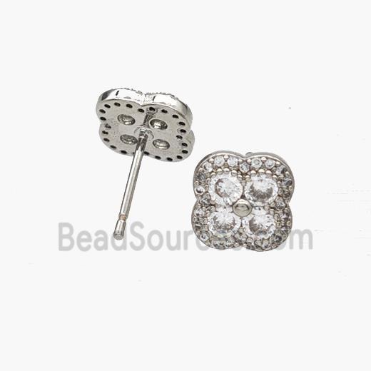 Copper Clover Stud Earrings Pave Zirconia Platinum Plated