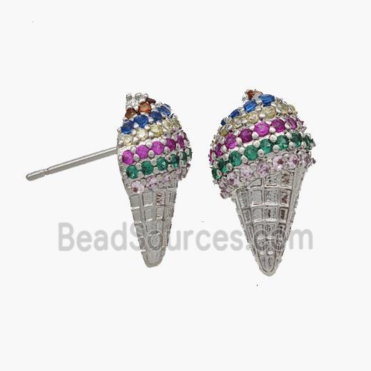 Copper Icecream Stud Earrings Micropave Zirconia Platinum Plated