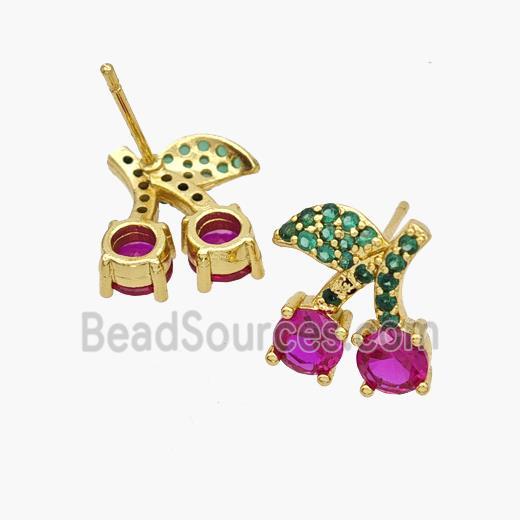 Copper Cherry Stud Earrings Pave Zirconia Gold Plated