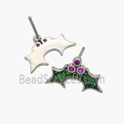 Copper Bat Stud Earrings Pave Zirconia Platinum Plated