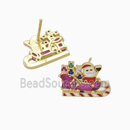 Christmas Santa Claus Charms Copper Stud Earrings Pave Zirconia Enamel Gold Plated