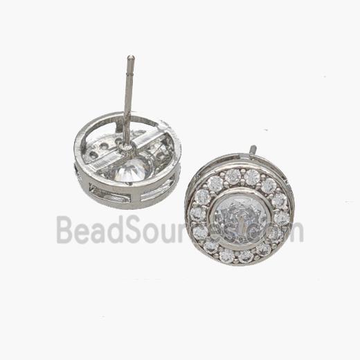 Copper Coin Stud Earrings Pave Zirconia Platinum Plated